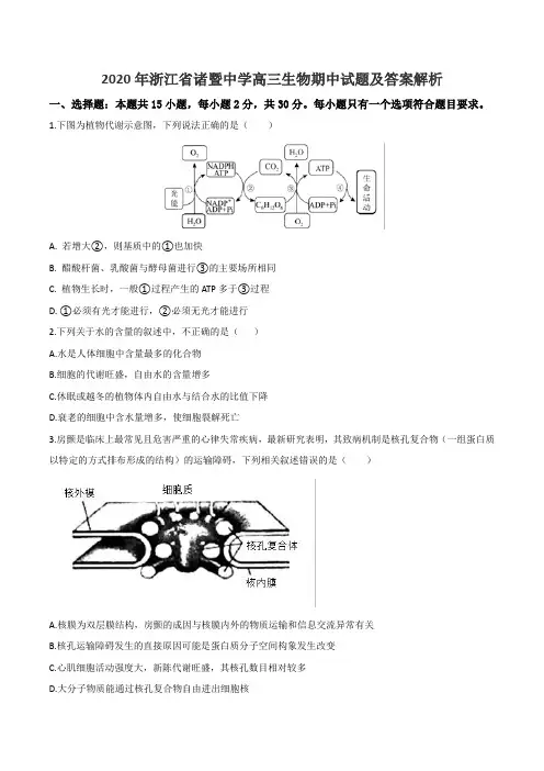2020年浙江省诸暨中学高三生物期中试题及答案解析