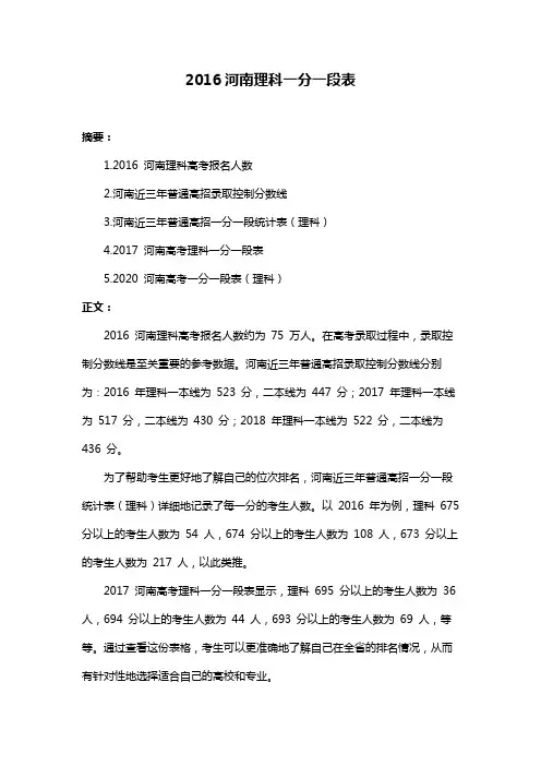 2016河南理科一分一段表