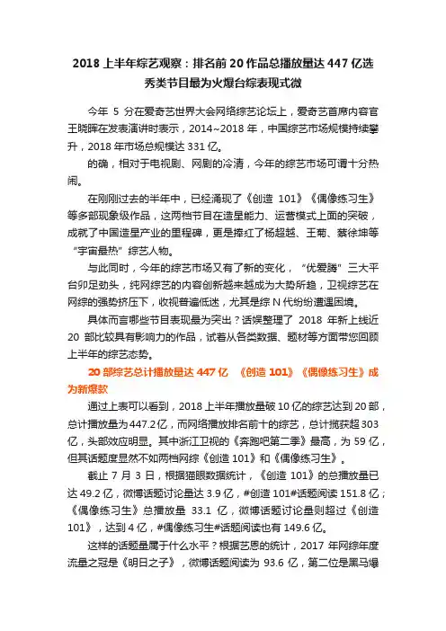 2018上半年综艺观察：排名前20作品总播放量达447亿选秀类节目最为火爆台综表现式微