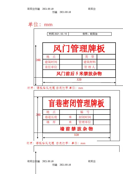 煤矿各类管理牌板制作尺寸标准之欧阳治创编