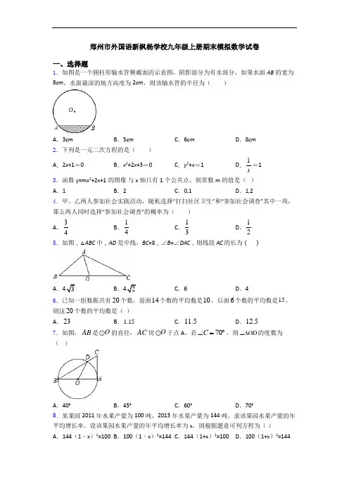 郑州市外国语新枫杨学校九年级上册期末模拟数学试卷