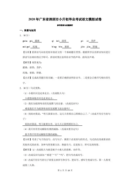 2020年广东省深圳市小升初毕业考试语文模拟试卷及答案解析
