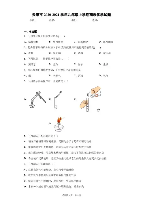 天津市2020-2021学年九年级上学期期末化学试题(含答案解析)