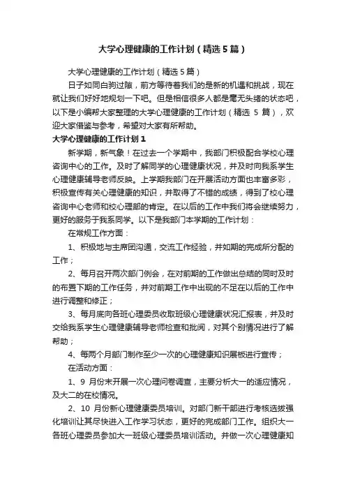 大学心理健康的工作计划（精选5篇）