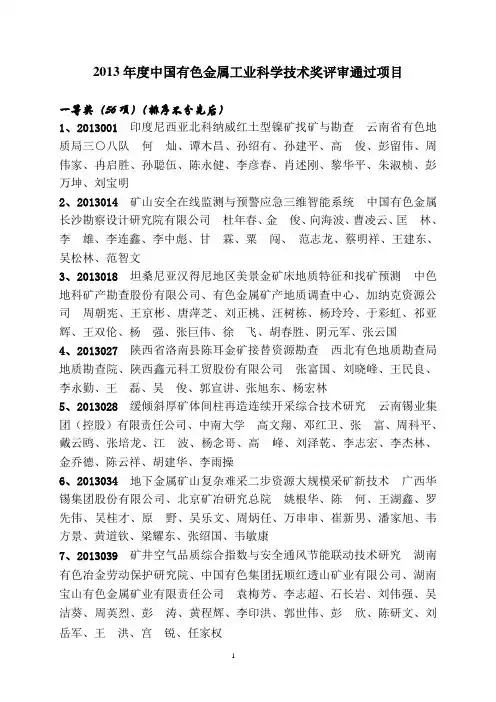 2013年度中国有色金属工业科学技术奖评审通过项目