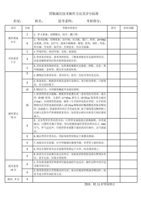 胃肠减压技术考核评价标准