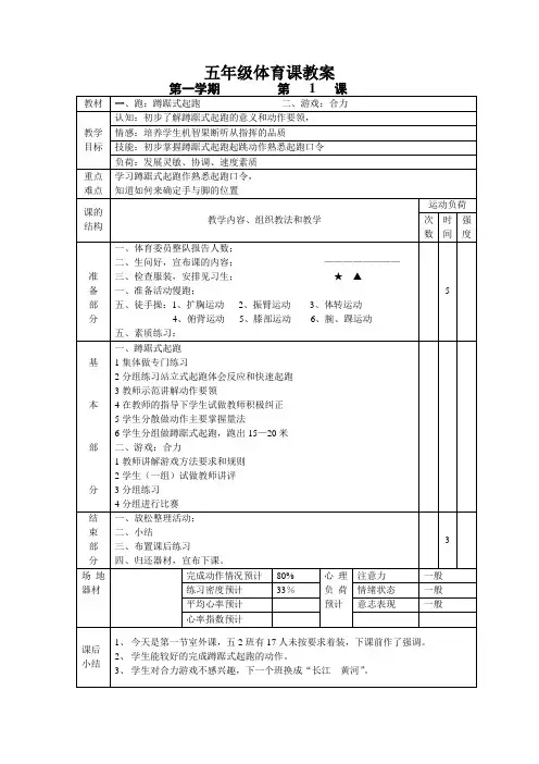 小学五年级体育课教案全集 2