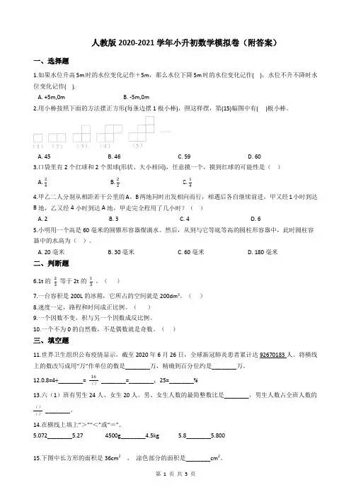 人教版2020-2021学年小升初数学模拟卷