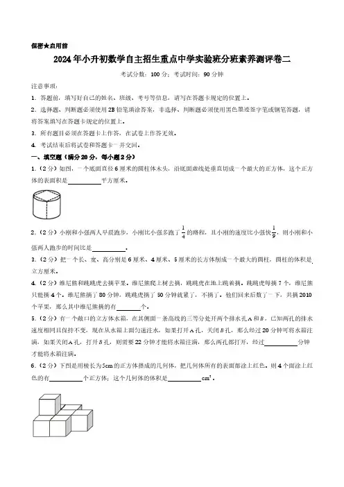 (小升初分班)2024年小升初数学自主招生重点中学实验班分班素养测评卷二(考试版)