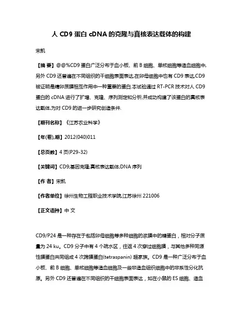 人CD9蛋白cDNA的克隆与真核表达载体的构建