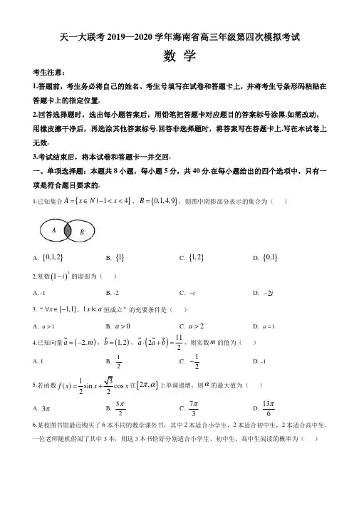 海南省天一大联考2020届高三年级第四次模拟数学试题