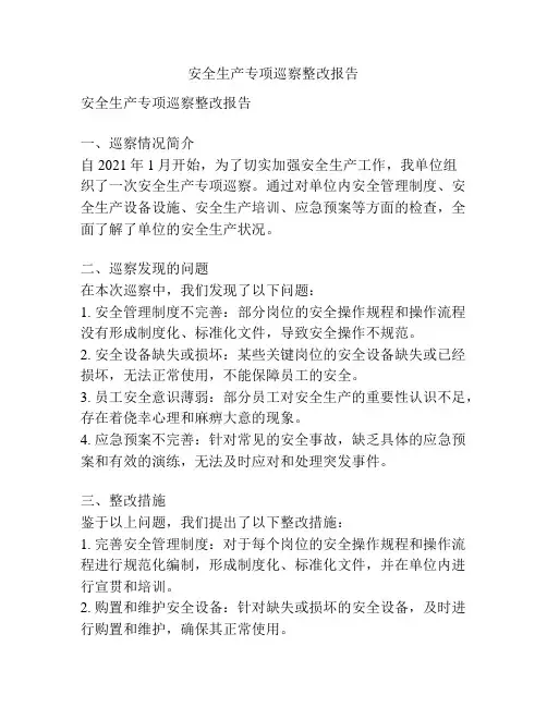 安全生产专项巡察整改报告