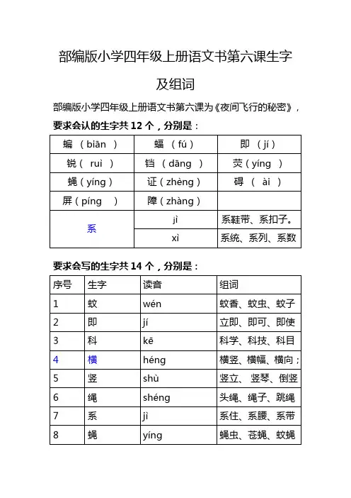 部编版小学四年级上册语文书第六课生字及组词