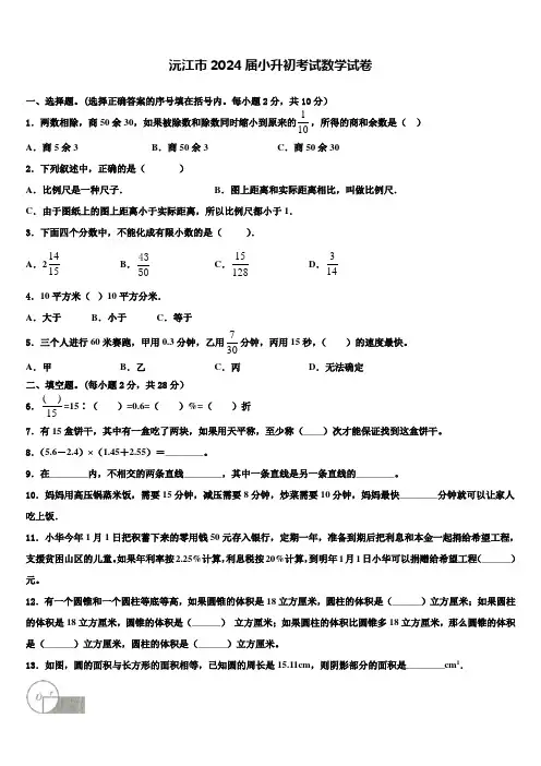 沅江市2024届小升初考试数学试卷含解析