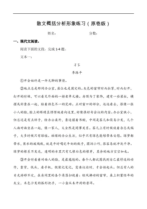散文概括分析形象练习-备战2024年高考语文散文阅读精讲精练一本通(全国通用)原卷版