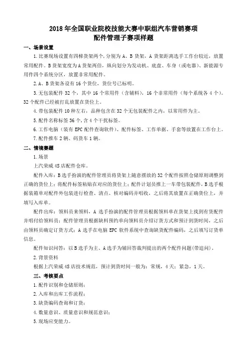 2018年全国职业院校技能大赛中职组赛项赛卷(赛题库)中职汽车营销赛项配件管理样题