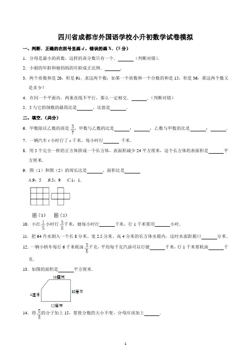 四川省成都市外国语学校小升初数学试卷模拟