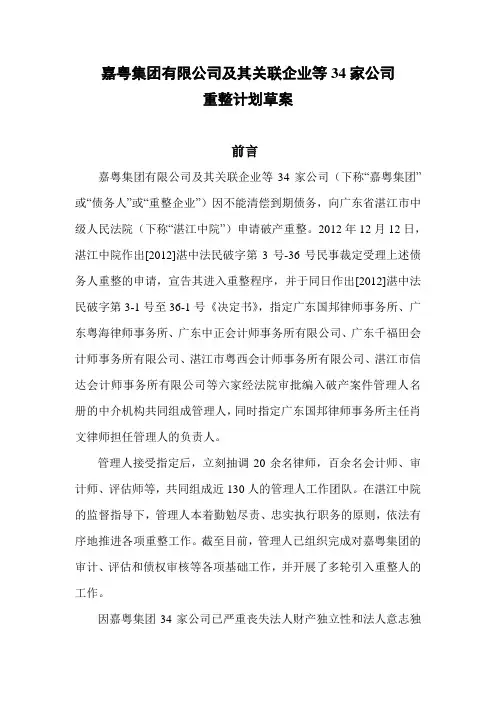 嘉粤集团有限公司等34家公司重整计划草案-湛江中级人民法院