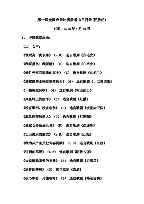 第十届全国声乐比赛参考曲目目录(民族组)