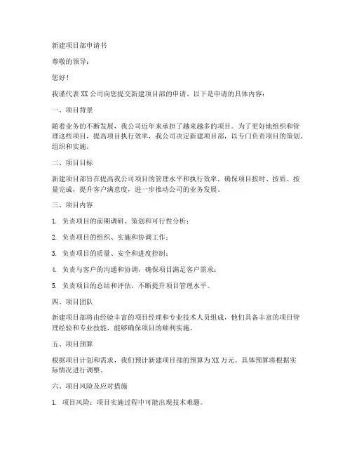 新建项目部申请书范本模板