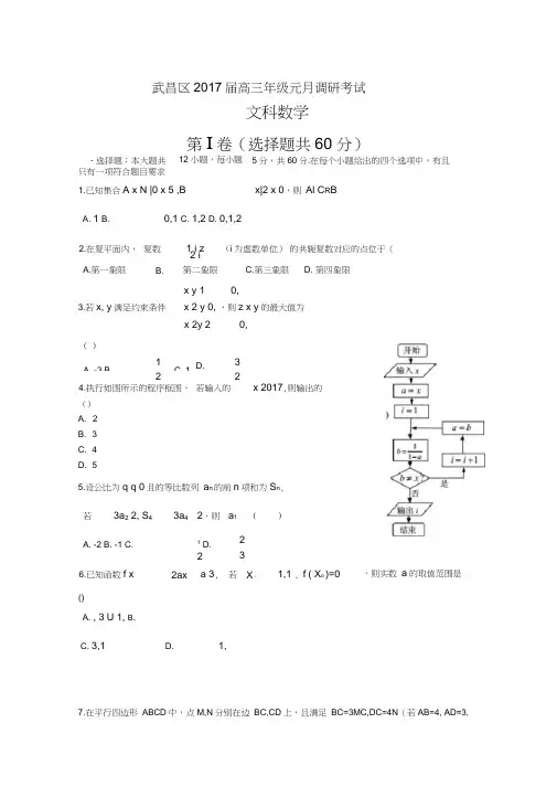 湖北省武昌区2017届高三元月调考数学(文)试题-Word版