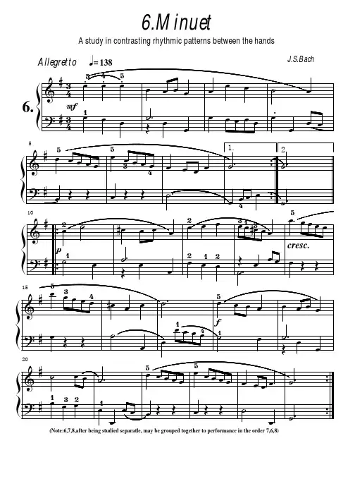 钢琴谱巴赫初级钢琴曲集第6首小步舞曲PDF电子清晰版J.S.Bach