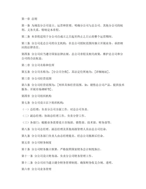 分公司成立章程模板