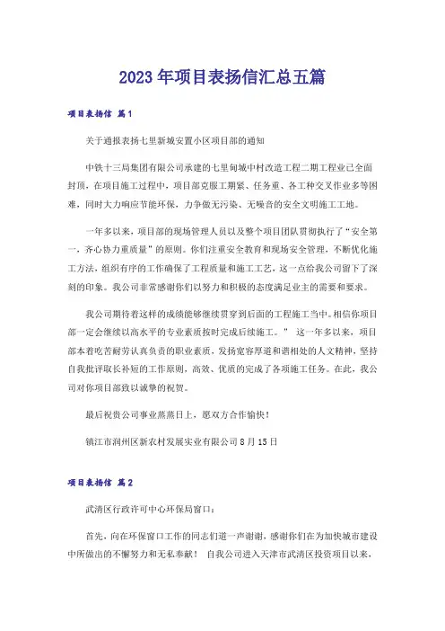 2023年项目表扬信汇总五篇