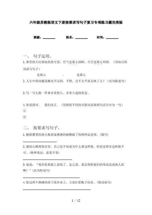 六年级苏教版语文下册按要求写句子复习专项练习题完美版