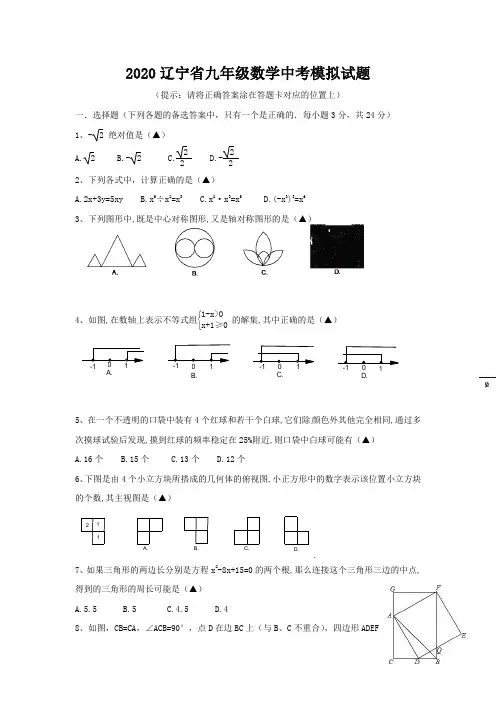 【2020精品】辽宁省九年级数学中考模拟试题含答案