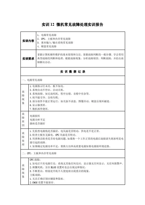 实训12 微机常见故障处理实训报告