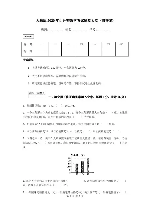 人教版2020年小升初数学考试试卷A卷 (附答案)