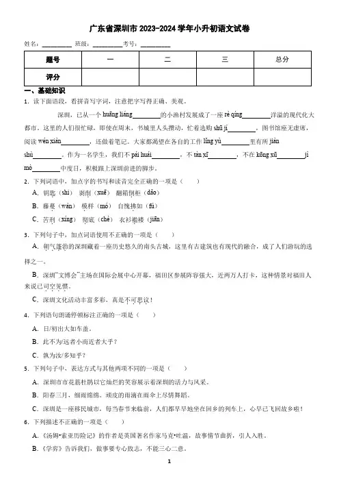 广东省深圳市2023-2024学年小升初语文试卷(含答案)