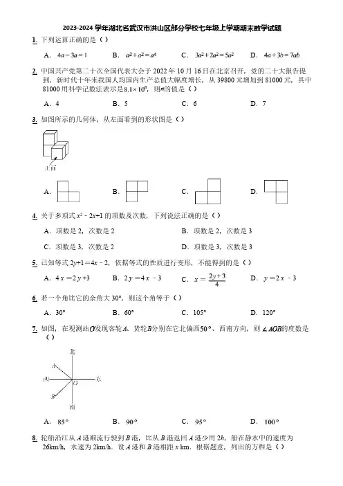 2023-2024学年湖北省武汉市洪山区部分学校七年级上学期期末数学试题