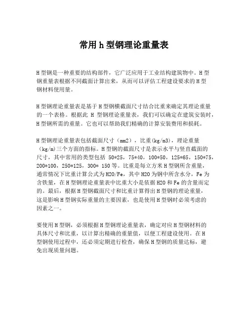 常用h型钢理论重量表