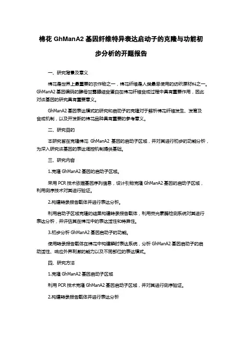 棉花GhManA2基因纤维特异表达启动子的克隆与功能初步分析的开题报告