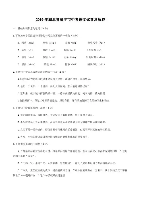 2019年湖北省咸宁市中考语文试卷及答案