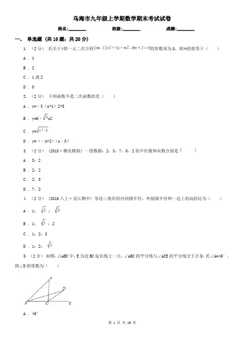 乌海市九年级上学期数学期末考试试卷