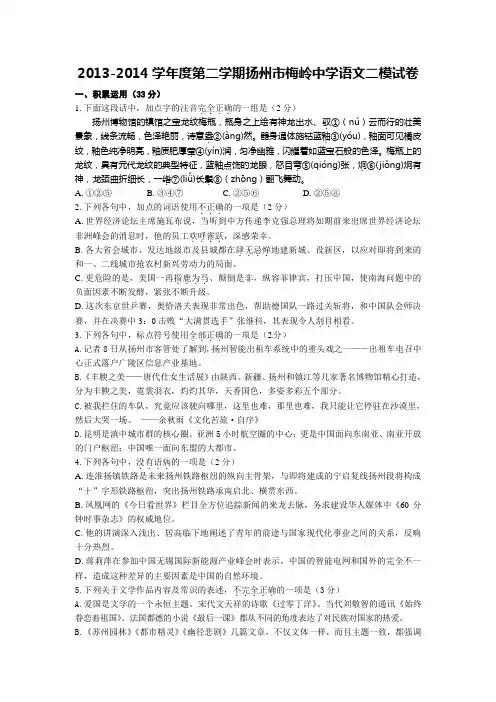 扬州梅岭中学九年级语文(含答案)