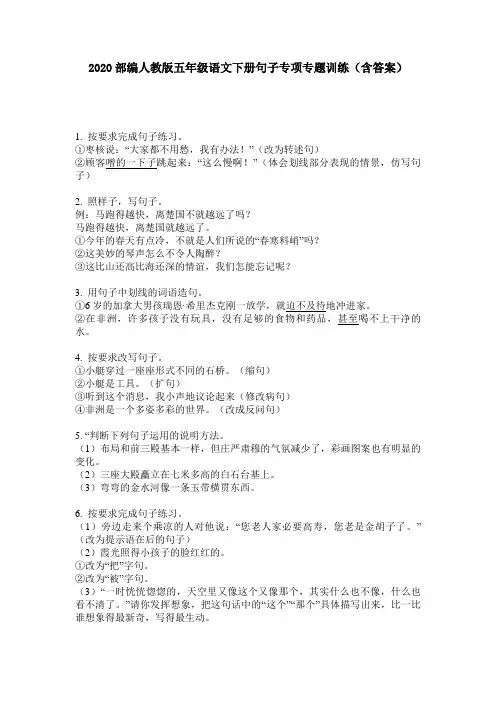 2020部编人教版五年级语文下册句子专项专题训练(含答案)