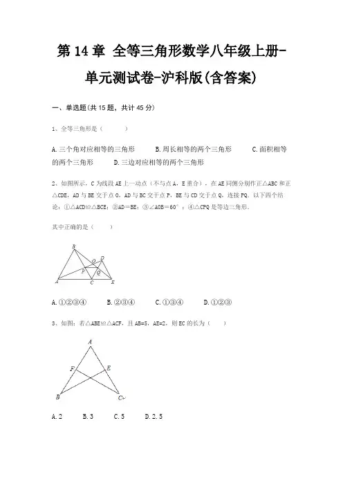 第14章 全等三角形数学八年级上册-单元测试卷-沪科版(含答案)