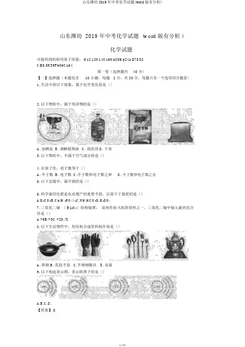山东潍坊2019年中考化学试题(word版有解析)