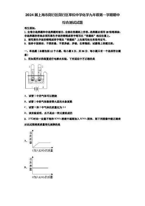 2024届上海市闵行区闵行区莘松中学化学九年级第一学期期中综合测试试题含答案解析