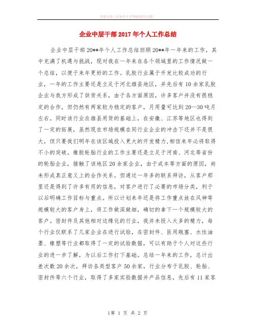 企业中层干部2017年个人工作小结