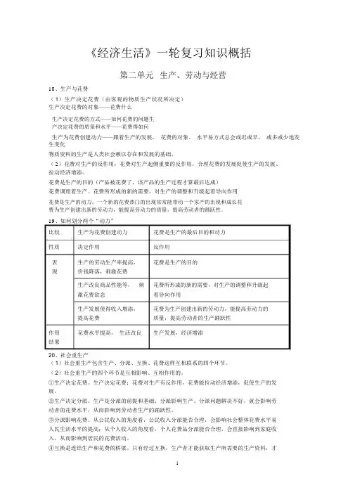 《经济生活》一轮复习第二单元生产、劳动与经营知识归纳