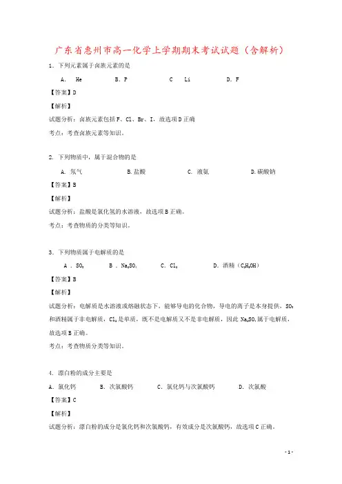 广东省惠州市高一化学上学期期末考试试题(含解析)