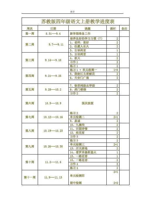最新苏教版四年级语文上册教学进度表