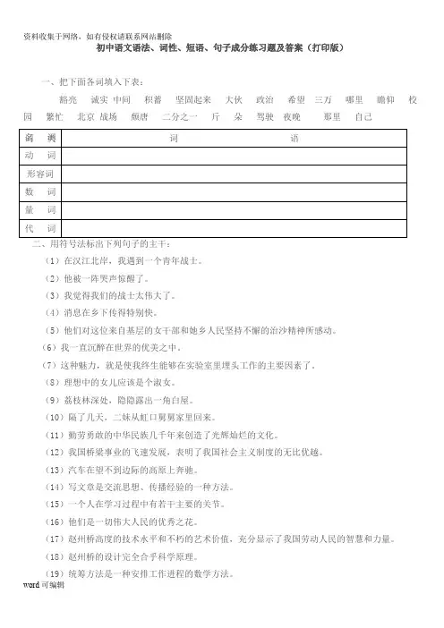 初中语文语法、词性、短语、句子成分练习题及答案(打印版)教学文稿