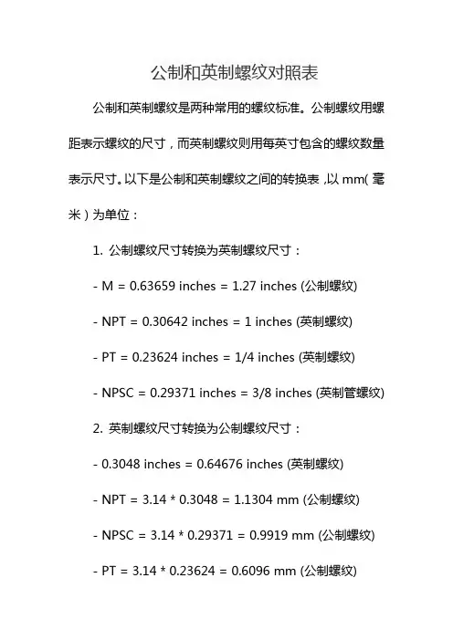 公制和英制螺纹对照表