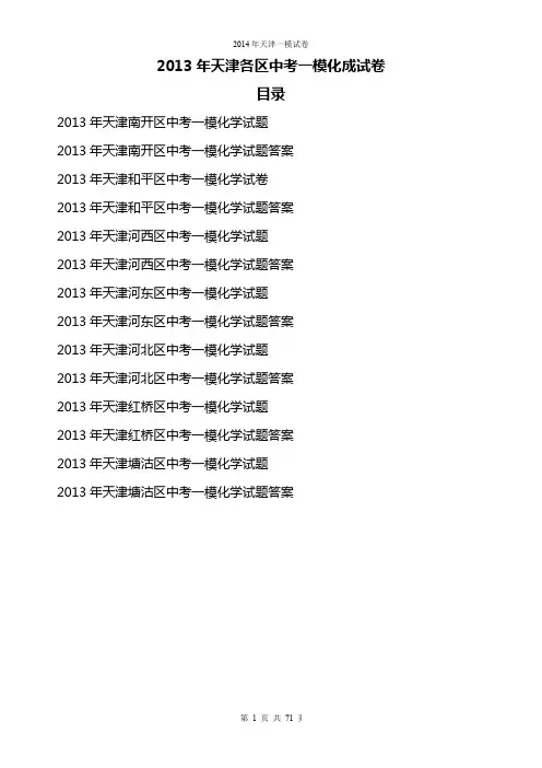2013年天津九年级中考化学一模各区试题及答案